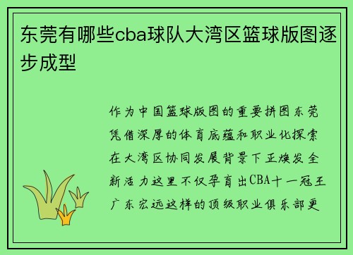 东莞有哪些cba球队大湾区篮球版图逐步成型